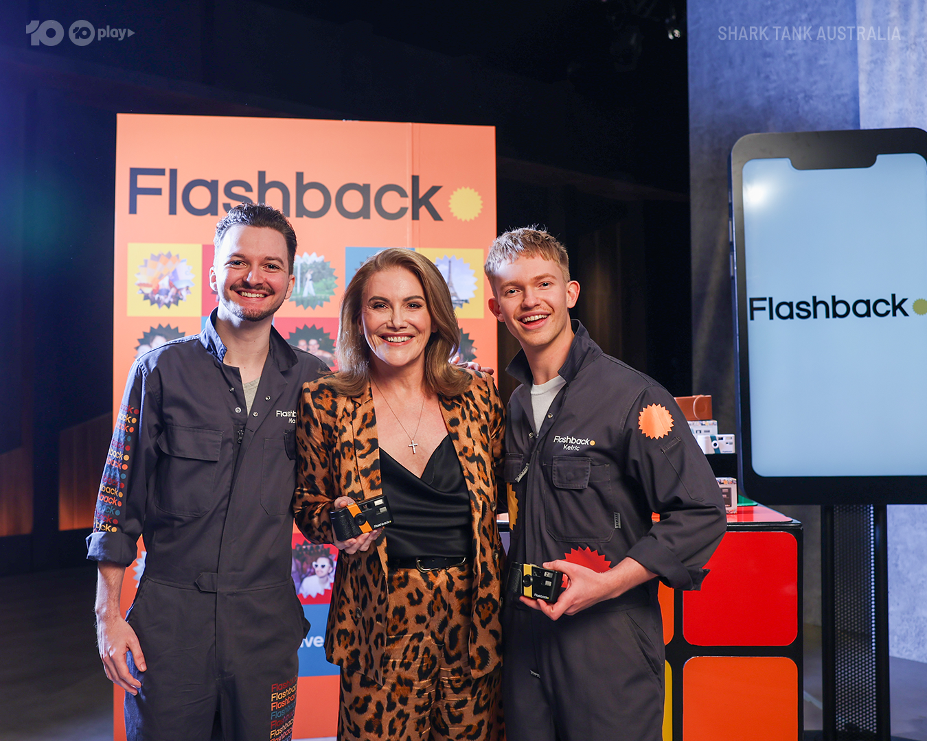 0Flashback founders Mackenzie Salisbury and Kelric Mullen pose with Shark Tank Australia investor Maxine Horne (2024)